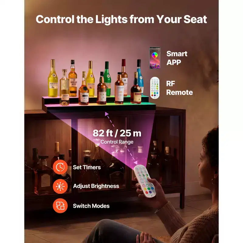 Présentoir à Bouteilles Lumineux LED, 2 Étages 40 pouces, Prend en Charge l'USB, Étagère de Bar Lumineuse en Acrylique avec Télécommande RF et Contrôle par Application, Noir+Blanc