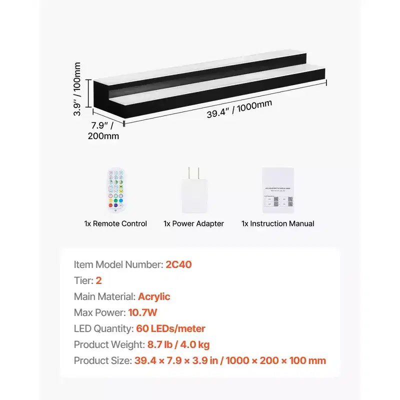 Présentoir à Bouteilles Lumineux LED, 2 Étages 40 pouces, Prend en Charge l'USB, Étagère de Bar Lumineuse en Acrylique avec Télécommande RF et Contrôle par Application, Noir+Blanc