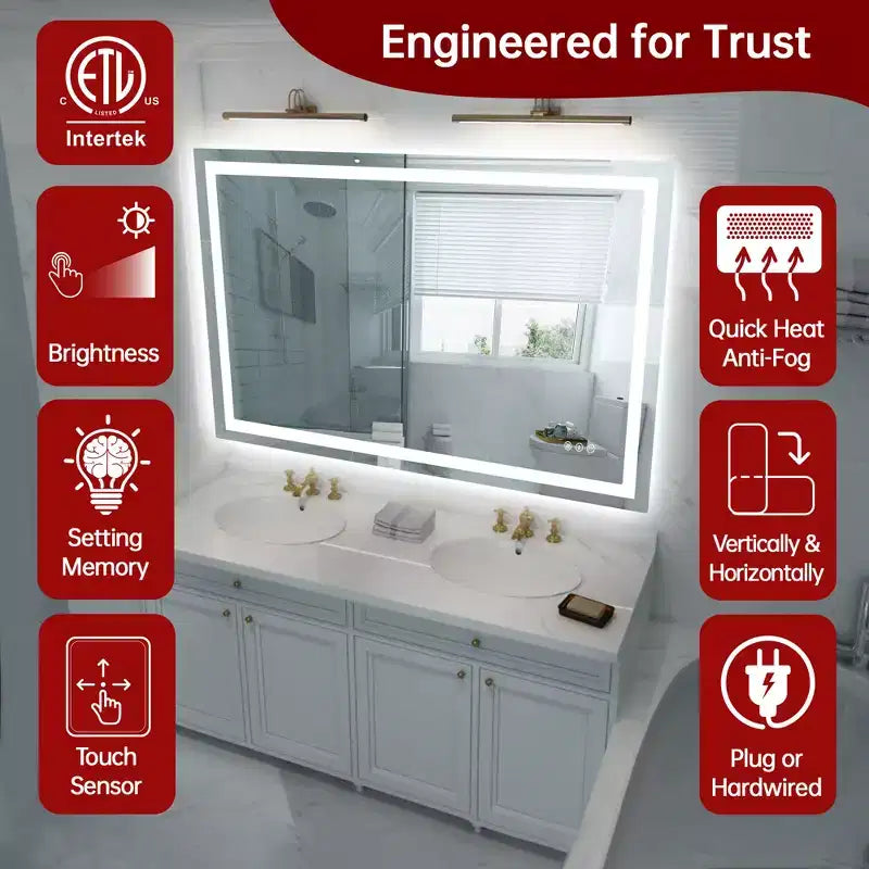 Miroir de salle de bain mural 48x32 incassable, antibuée, miroir de courtoisie LED intelligent ETL avec lumière