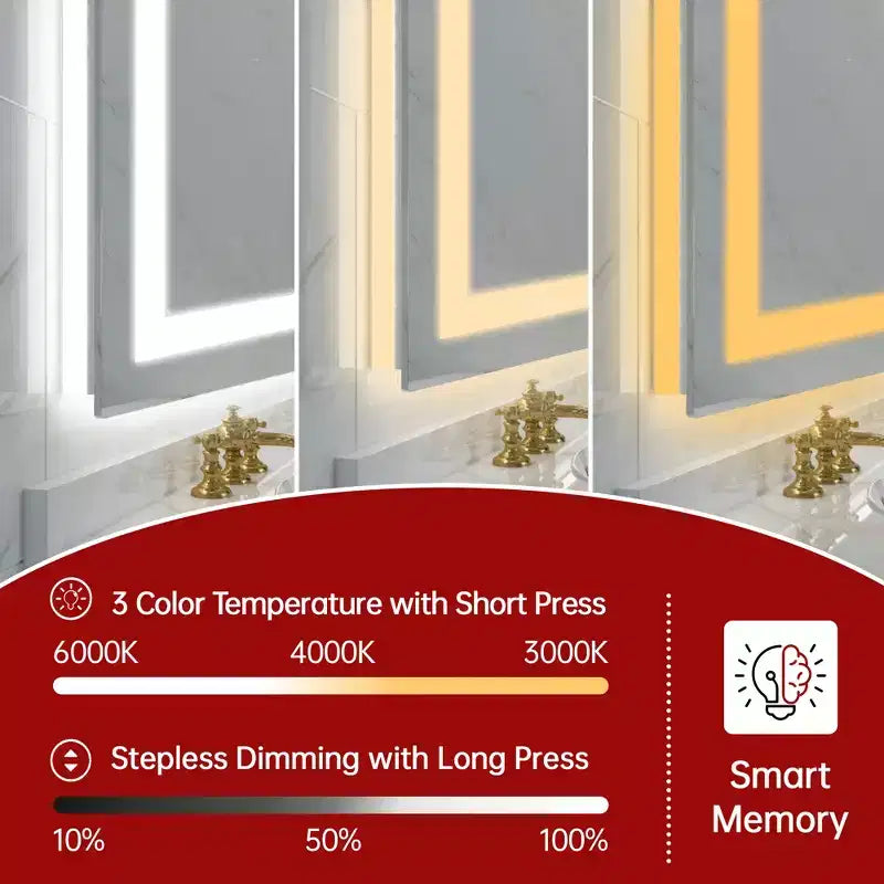 Miroir de salle de bain mural 48x32 incassable, antibuée, miroir de courtoisie LED intelligent ETL avec lumière