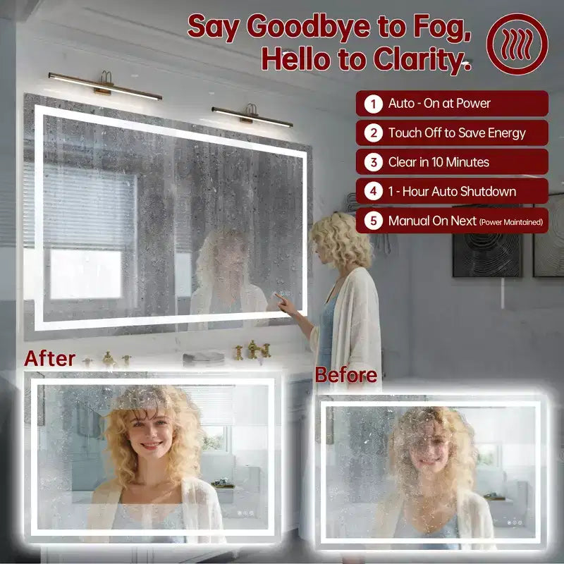 Miroir de salle de bain mural 48x32 incassable, antibuée, miroir de courtoisie LED intelligent ETL avec lumière