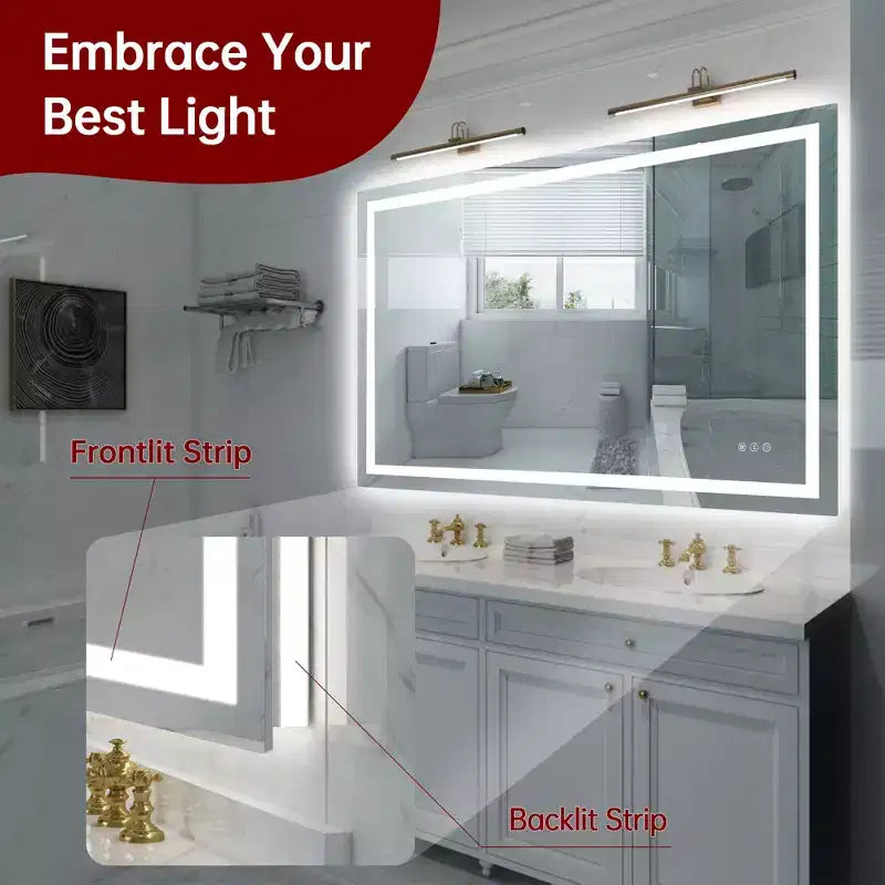 Miroir de salle de bain mural 48x32 incassable, antibuée, miroir de courtoisie LED intelligent ETL avec lumière