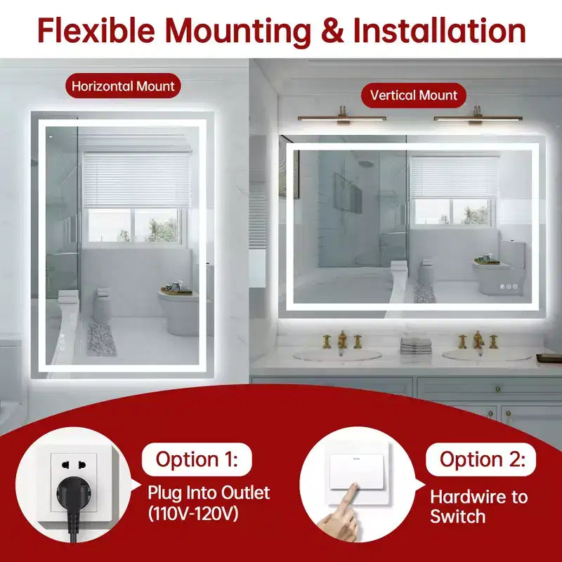 Miroir de salle de bain mural 48x32 incassable, antibuée, miroir de courtoisie LED intelligent ETL avec lumière