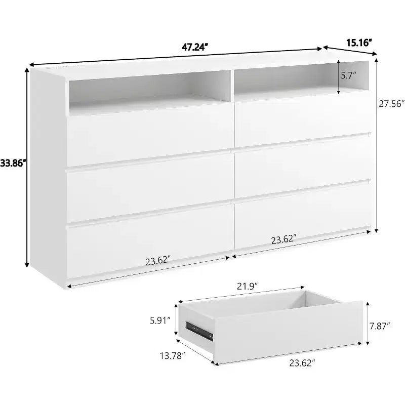 Commode double 6 tiroirs avec lumières LED, grand coffre de rangement avec étagères ouvertes, blanc