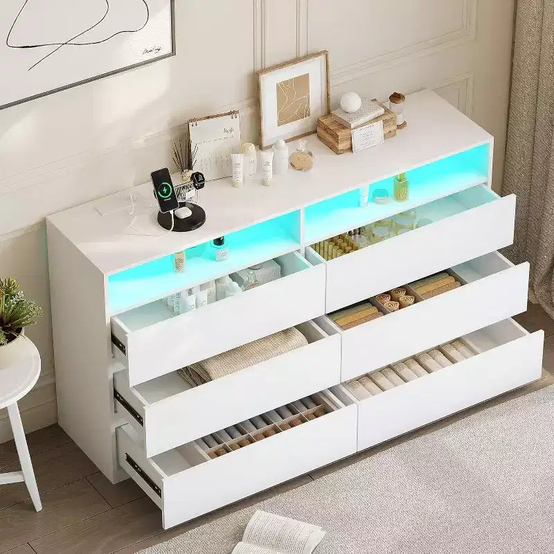 Commode double 6 tiroirs avec lumières LED, grand coffre de rangement avec étagères ouvertes, blanc