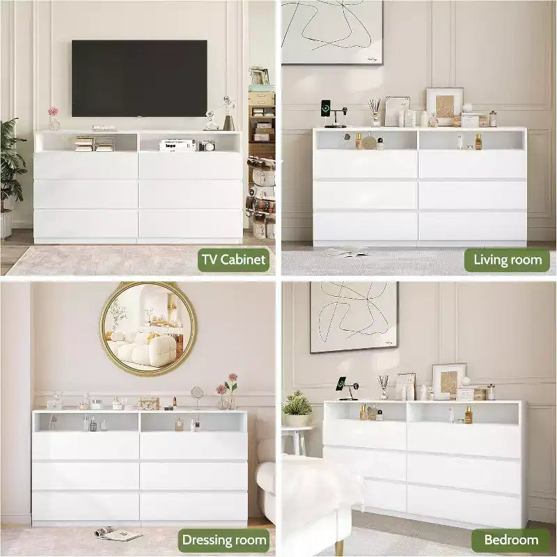 Commode double 6 tiroirs avec lumières LED, grand coffre de rangement avec étagères ouvertes, blanc