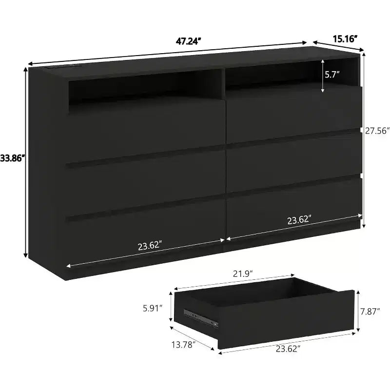 Commode double 6 tiroirs avec lumières LED, grand coffre de rangement avec étagères ouvertes, blanc