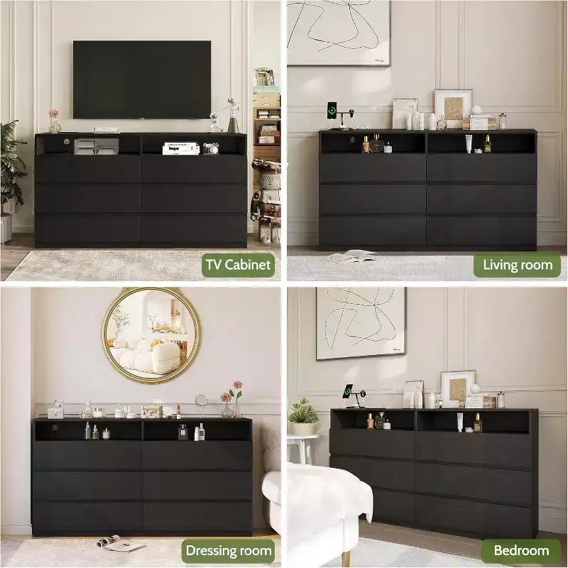Commode double 6 tiroirs avec lumières LED, grand coffre de rangement avec étagères ouvertes, blanc