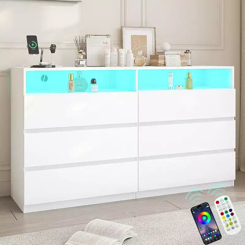 Commode double 6 tiroirs avec lumières LED, grand coffre de rangement avec étagères ouvertes, blanc