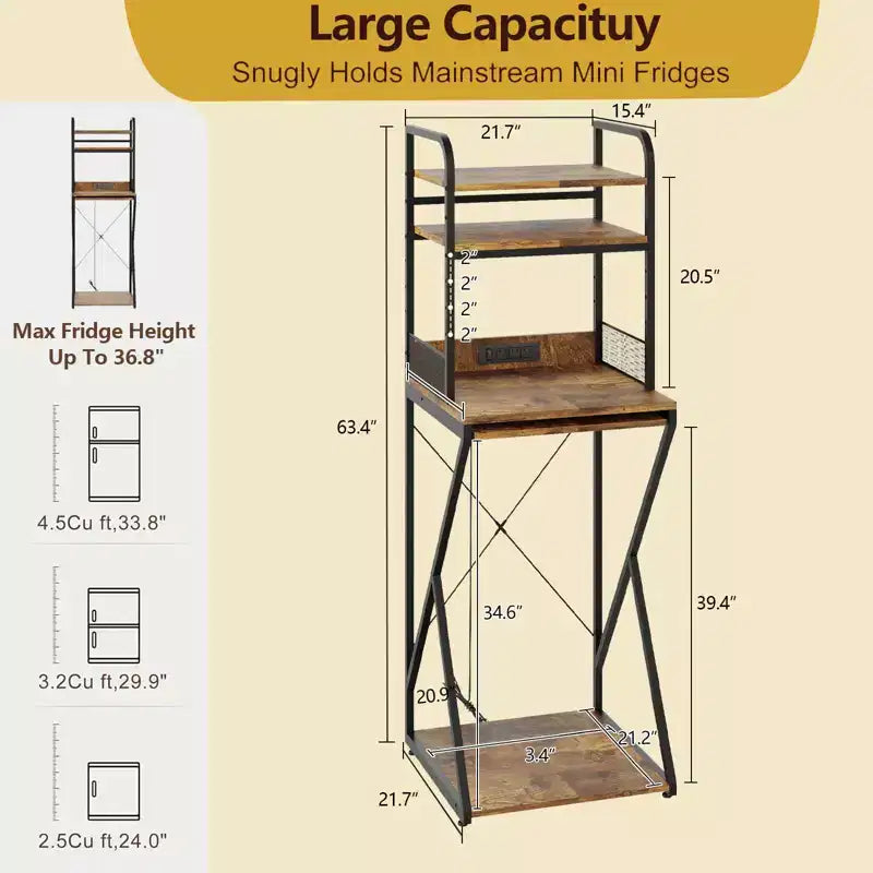 Meuble Support Mini-Réfrigérateur avec Étagère de Rangement, Meuble Bar à Café Autoportant en Bois avec Prise de Courant, Support Micro-ondes Utilitaire, Organisateur de Bar à Café