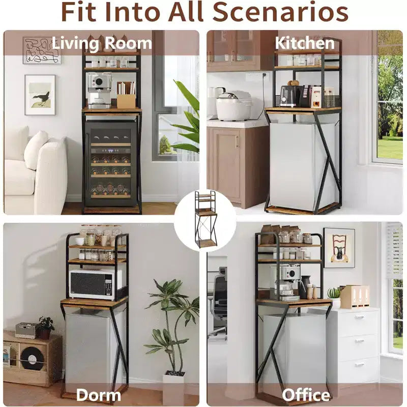 Meuble Support Mini-Réfrigérateur avec Étagère de Rangement, Meuble Bar à Café Autoportant en Bois avec Prise de Courant, Support Micro-ondes Utilitaire, Organisateur de Bar à Café