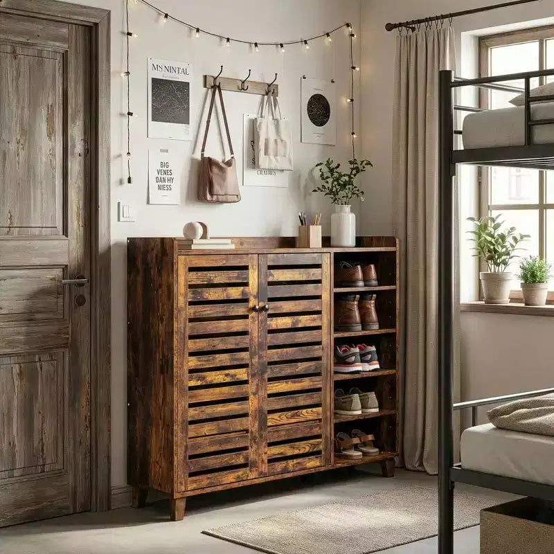 Meuble à chaussures 2 portes avec 5 étagères ouvertes, dosseret, largeur 45,67 po