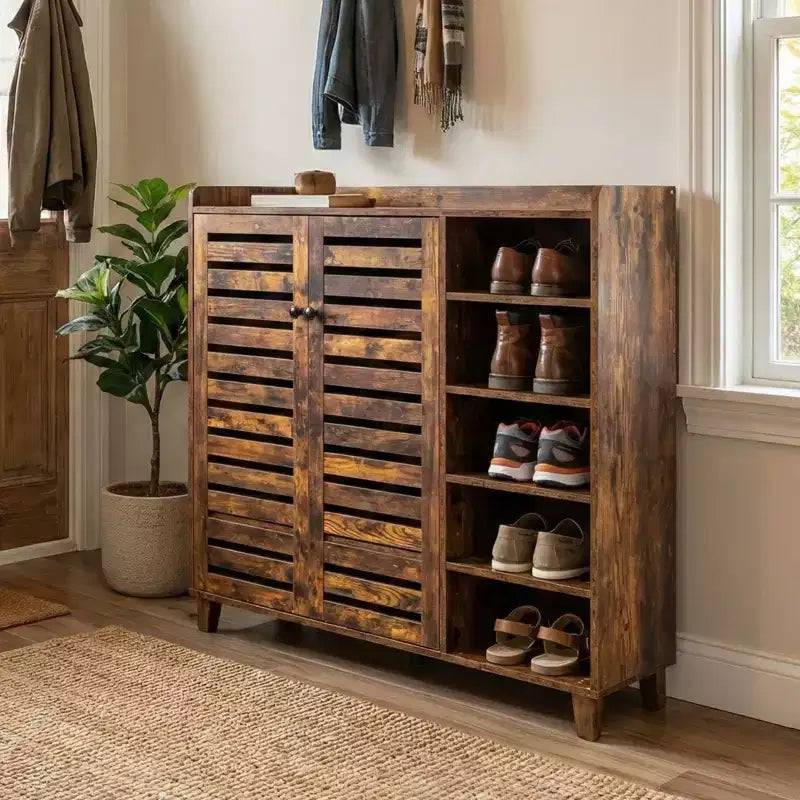 Meuble à chaussures 2 portes avec 5 étagères ouvertes, dosseret, largeur 45,67 po