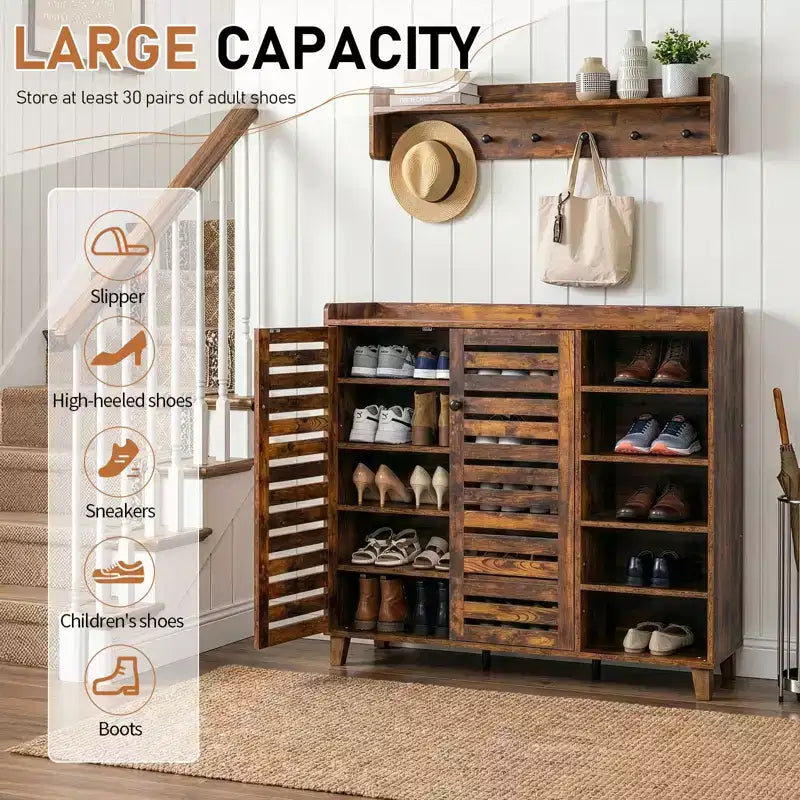 Meuble à chaussures 2 portes avec 5 étagères ouvertes, dosseret, largeur 45,67 po