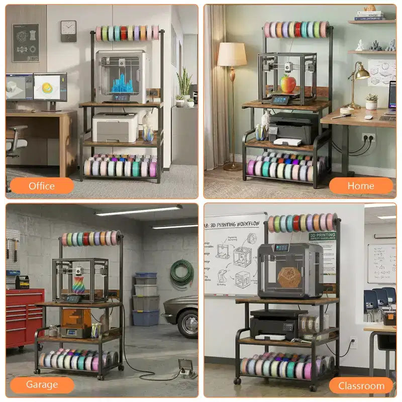 Meuble pour grande imprimante avec 4 niveaux de rangement et station de charge, table pour imprimante 3D avec rangement de filaments et roulettes