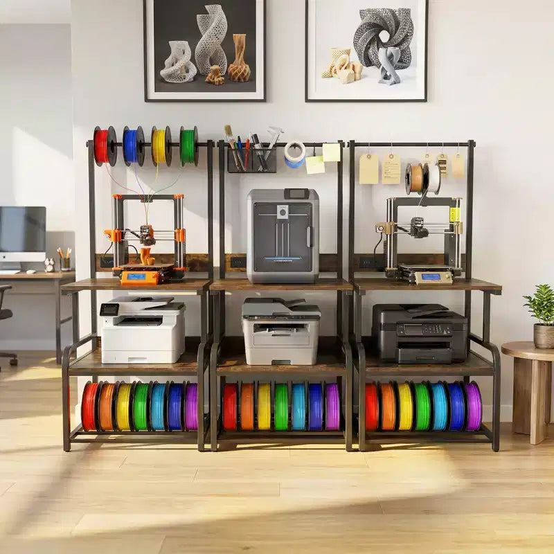 Meuble pour grande imprimante avec 4 niveaux de rangement et station de charge, table pour imprimante 3D avec rangement de filaments et roulettes
