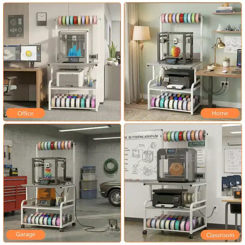 Meuble pour grande imprimante avec 4 niveaux de rangement et station de charge, table pour imprimante 3D avec rangement de filaments et roulettes