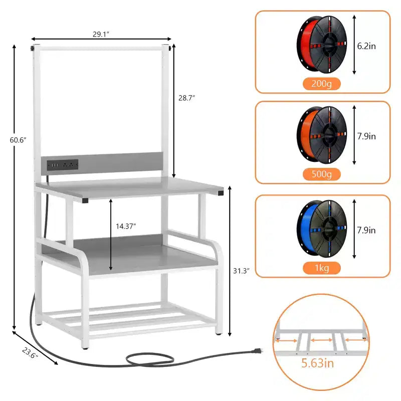 Meuble pour grande imprimante avec 4 niveaux de rangement et station de charge, table pour imprimante 3D avec rangement de filaments et roulettes