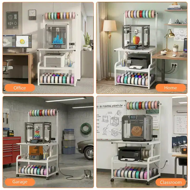 Meuble pour grande imprimante avec 4 niveaux de rangement et station de charge, table pour imprimante 3D avec rangement de filaments et roulettes