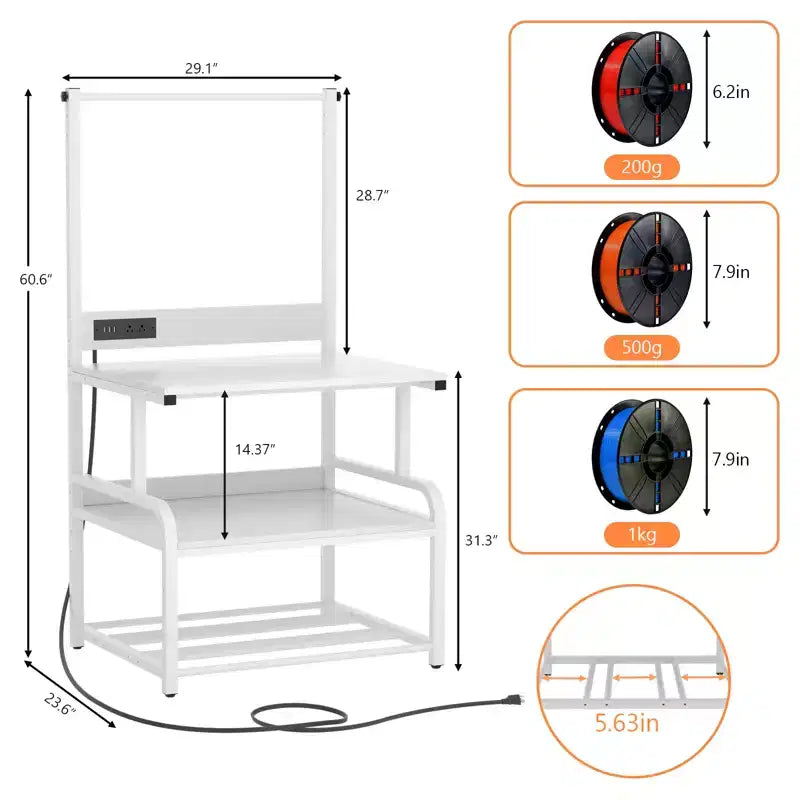 Meuble pour grande imprimante avec 4 niveaux de rangement et station de charge, table pour imprimante 3D avec rangement de filaments et roulettes