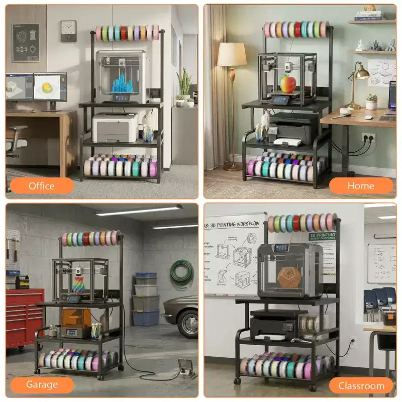 Meuble pour grande imprimante avec 4 niveaux de rangement et station de charge, table pour imprimante 3D avec rangement de filaments et roulettes