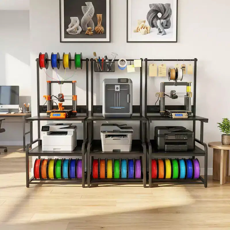 Meuble pour grande imprimante avec 4 niveaux de rangement et station de charge, table pour imprimante 3D avec rangement de filaments et roulettes