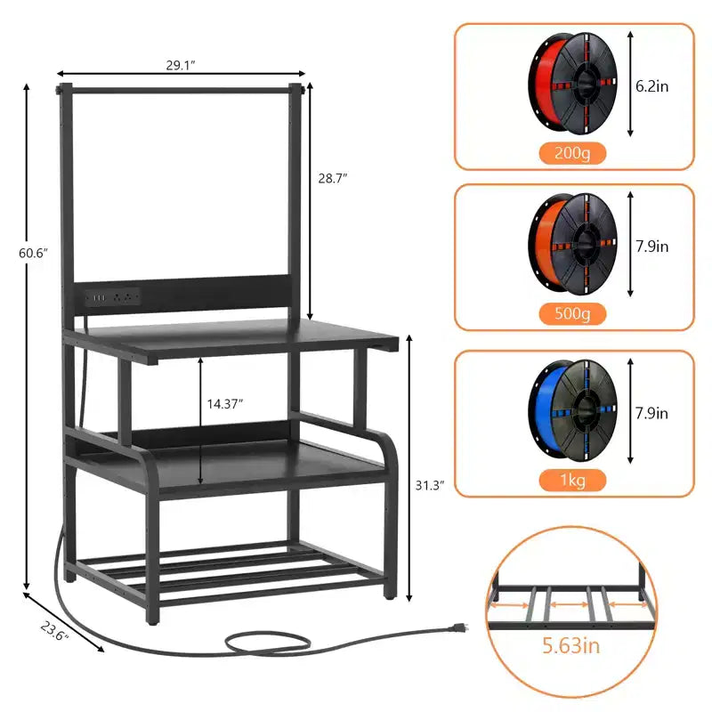 Meuble pour grande imprimante avec 4 niveaux de rangement et station de charge, table pour imprimante 3D avec rangement de filaments et roulettes