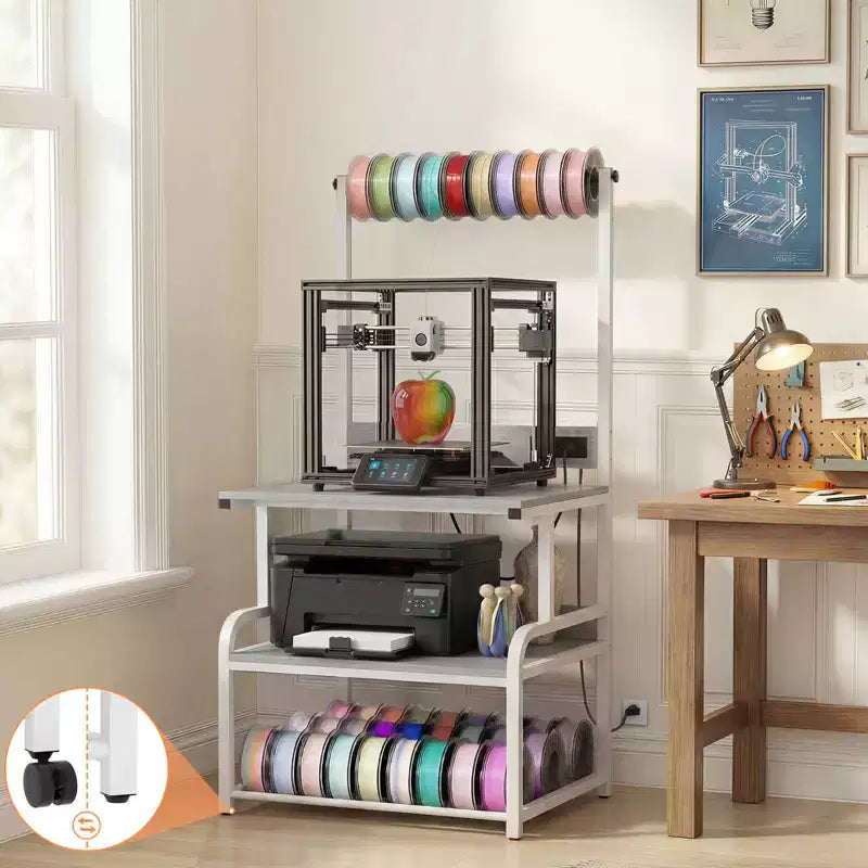 Meuble pour grande imprimante avec 4 niveaux de rangement et station de charge, table pour imprimante 3D avec rangement de filaments et roulettes