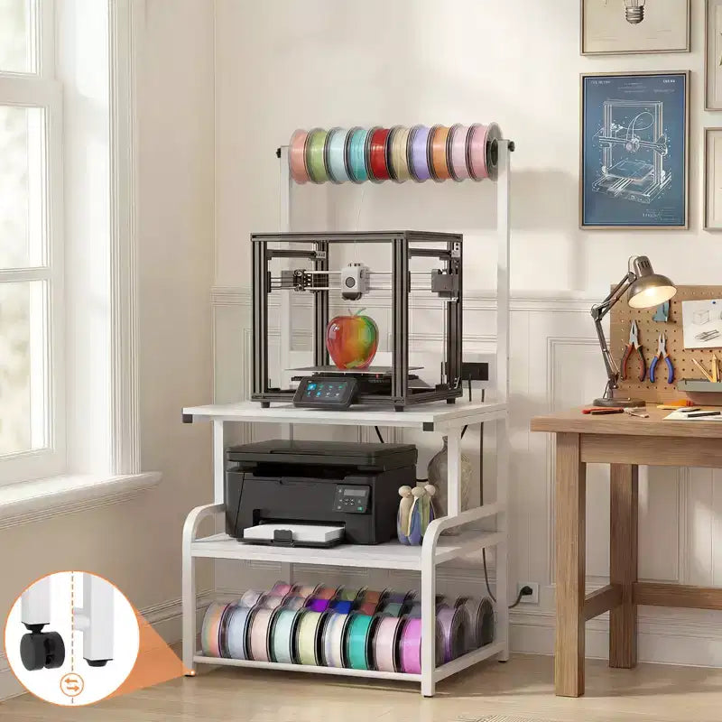 Meuble pour grande imprimante avec 4 niveaux de rangement et station de charge, table pour imprimante 3D avec rangement de filaments et roulettes