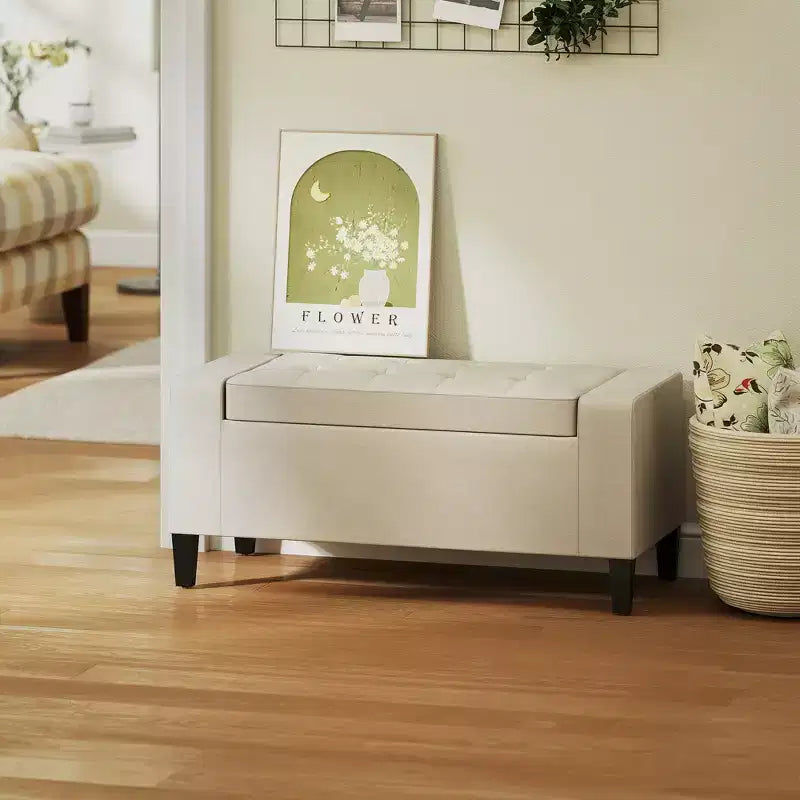 Banc coffre de rangement en lin, ottoman rectangulaire capitonné avec couvercle relevable pour salon, entrée ou chambre à coucher, beige