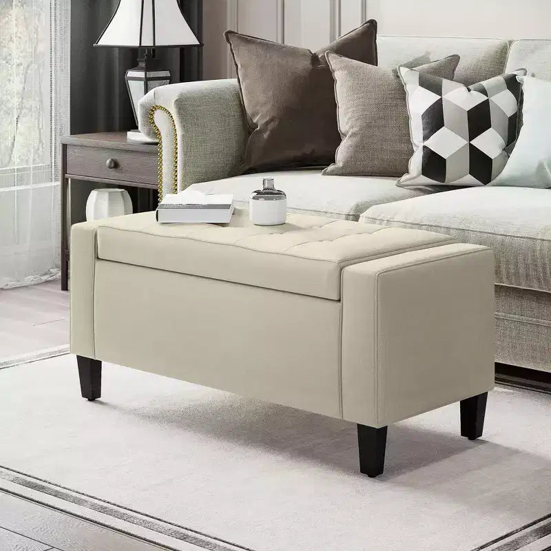 Banc coffre de rangement en lin, ottoman rectangulaire capitonné avec couvercle relevable pour salon, entrée ou chambre à coucher, beige