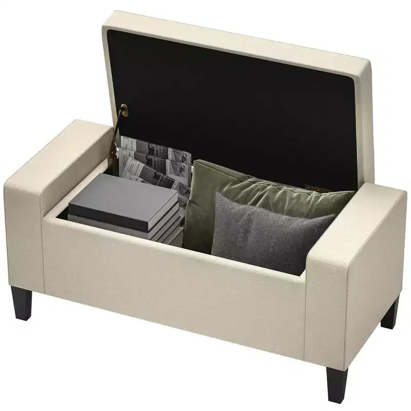 Banc coffre de rangement en lin, ottoman rectangulaire capitonné avec couvercle relevable pour salon, entrée ou chambre à coucher, beige