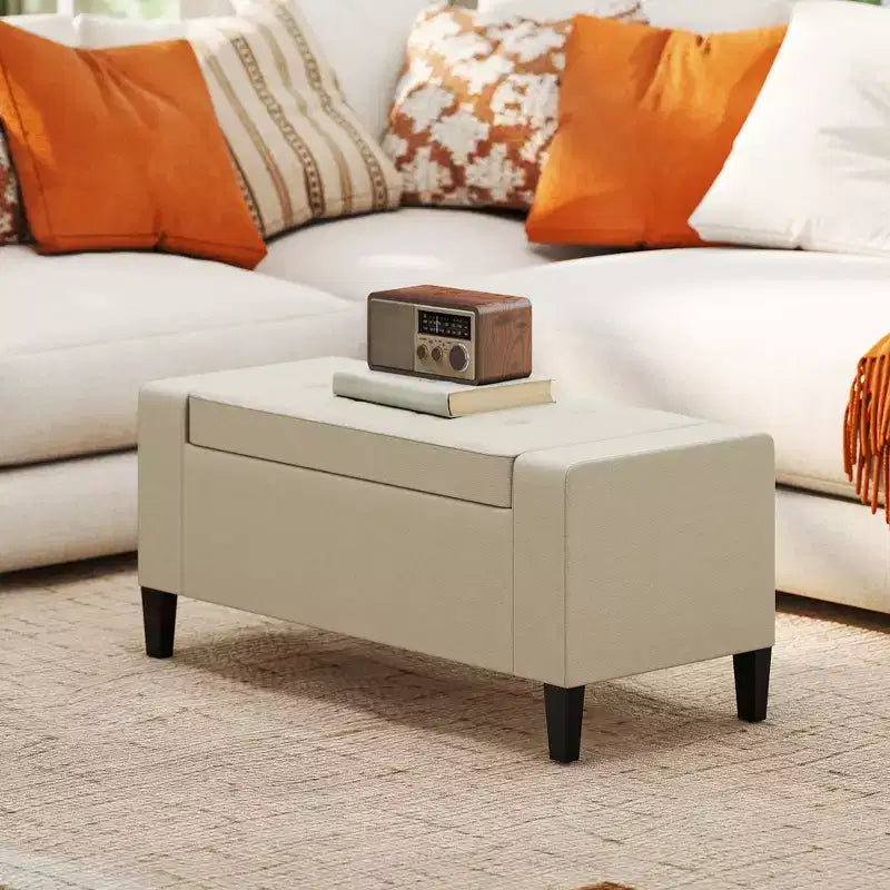 Banc coffre de rangement en lin, ottoman rectangulaire capitonné avec couvercle relevable pour salon, entrée ou chambre à coucher, beige