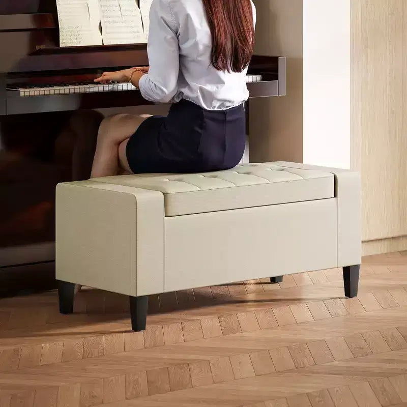 Banc coffre de rangement en lin, ottoman rectangulaire capitonné avec couvercle relevable pour salon, entrée ou chambre à coucher, beige