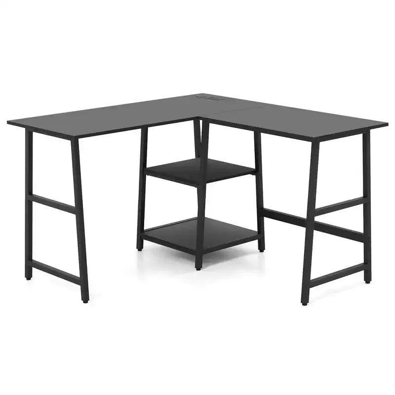 Bureau d'angle en L pour ordinateur avec étagères de rangement Noir/Marron rustique