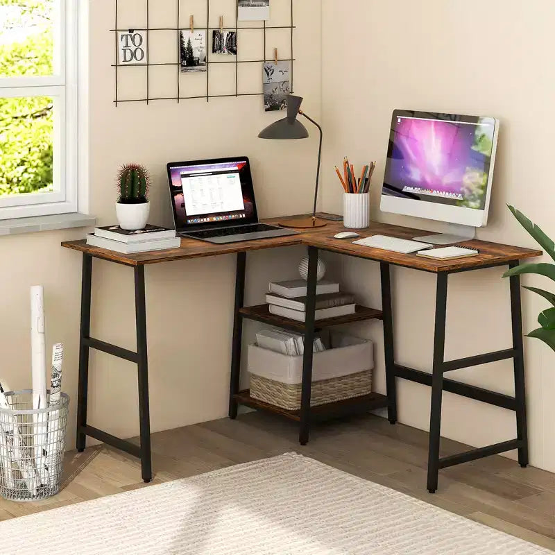 Bureau d'angle en L pour ordinateur avec étagères de rangement Noir/Marron rustique