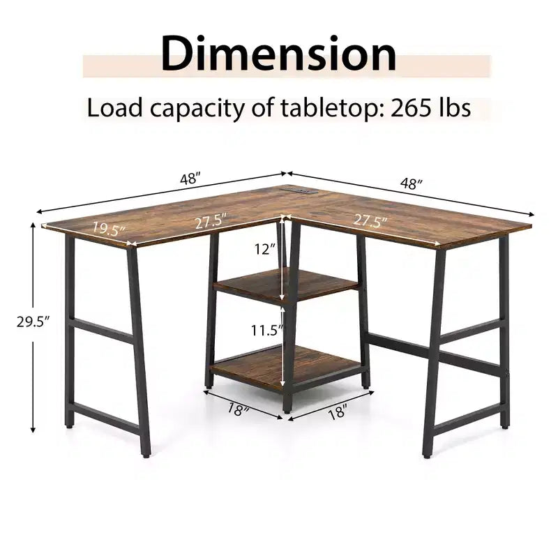 Bureau d'angle en L pour ordinateur avec étagères de rangement Noir/Marron rustique