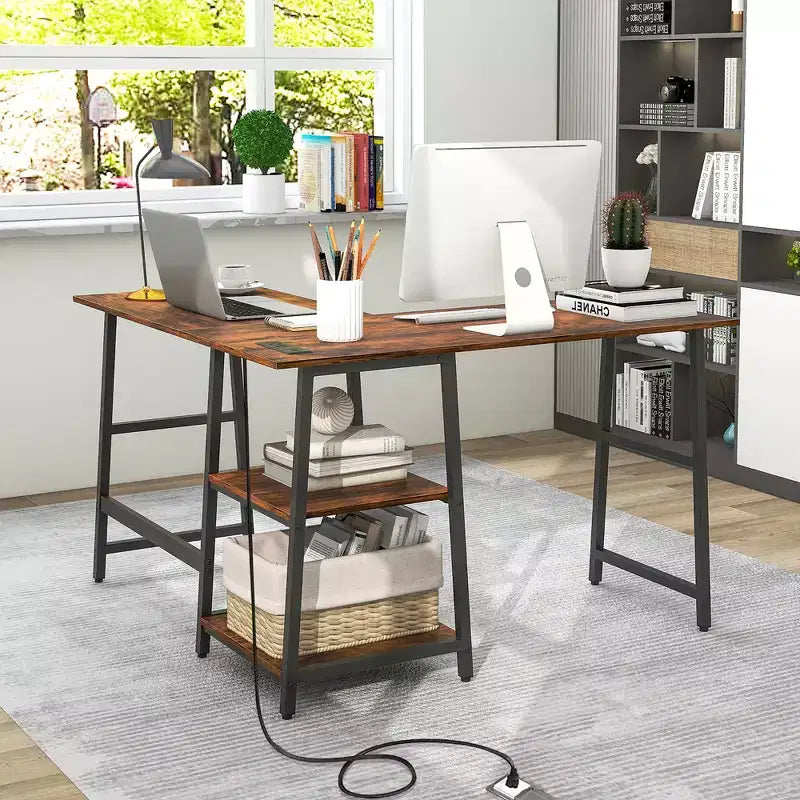 Bureau d'angle en L pour ordinateur avec étagères de rangement Noir/Marron rustique