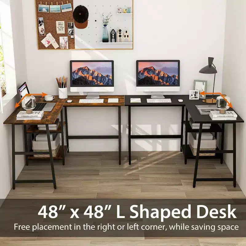 Bureau d'angle en L pour ordinateur avec étagères de rangement Noir/Marron rustique
