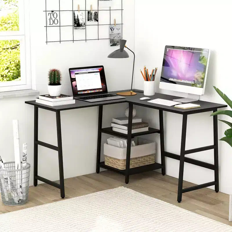 Bureau d'angle en L pour ordinateur avec étagères de rangement Noir/Marron rustique