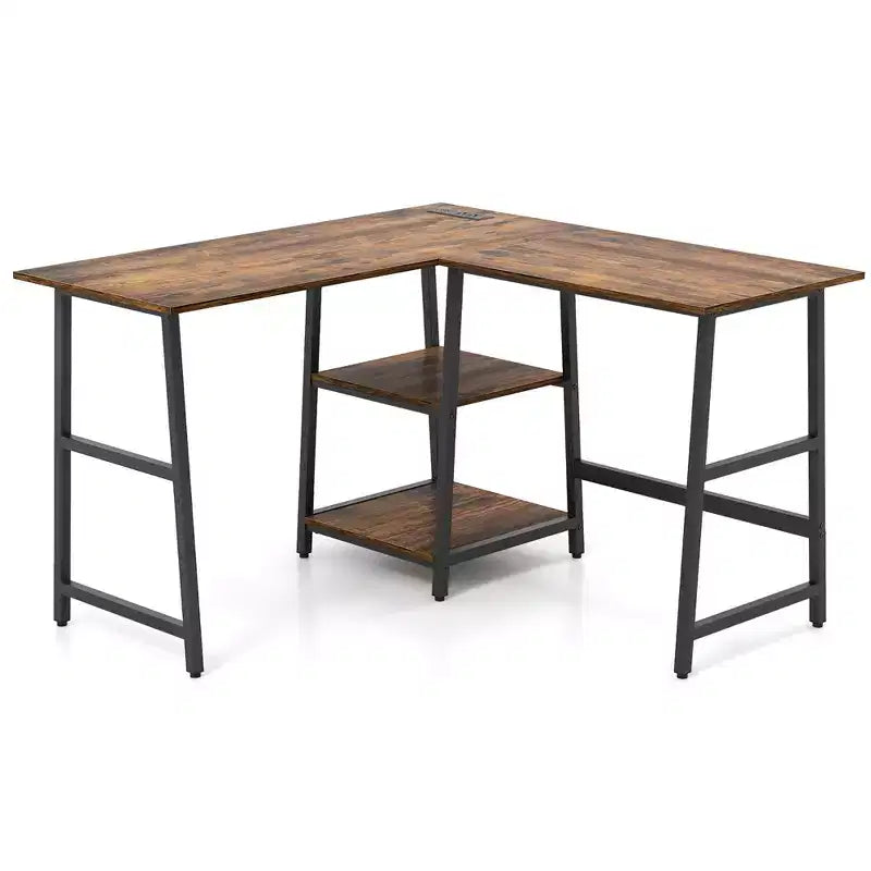 Bureau d'angle en L pour ordinateur avec étagères de rangement Noir/Marron rustique