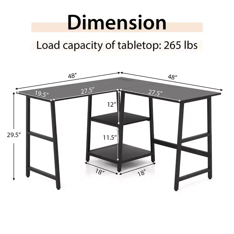Bureau d'angle en L pour ordinateur avec étagères de rangement Noir/Marron rustique