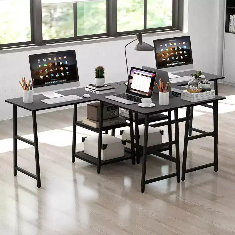 Bureau d'angle en L pour ordinateur avec étagères de rangement Noir/Marron rustique