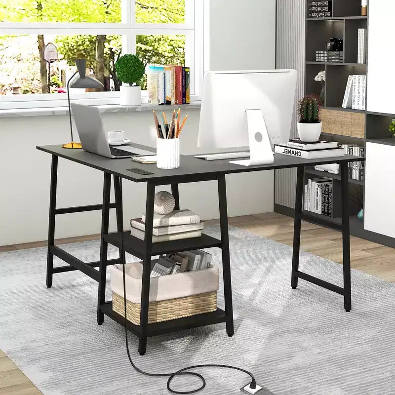 Bureau d'angle en L pour ordinateur avec étagères de rangement Noir/Marron rustique