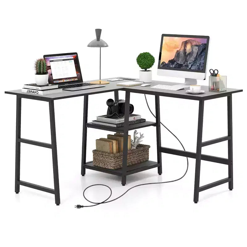 Costway L Shaped Corner Computer Desk Study Table w/Storage Shelves Black/Rustic Brown