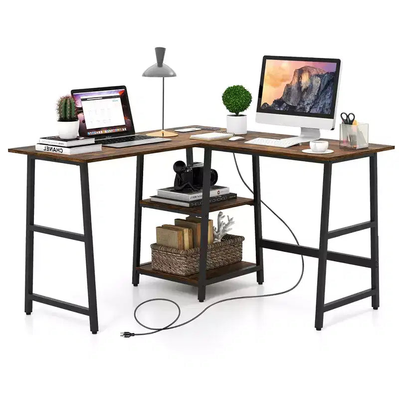 Bureau d'angle en L pour ordinateur avec étagères de rangement Noir/Marron rustique
