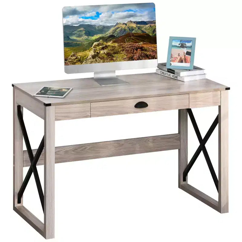 Bureau d'ordinateur pour bureau à domicile, bureau rustique, poste de travail de ferme avec tiroir de rangement, structure en X
